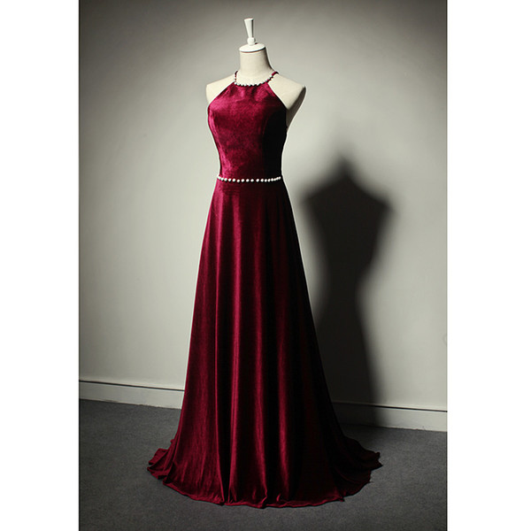 2017 Fall Winter Burgundy velvet Evening Dresses Sexy Backless Spaghetti Sweep Train Long Prom Gowns Evening Wear High Quality