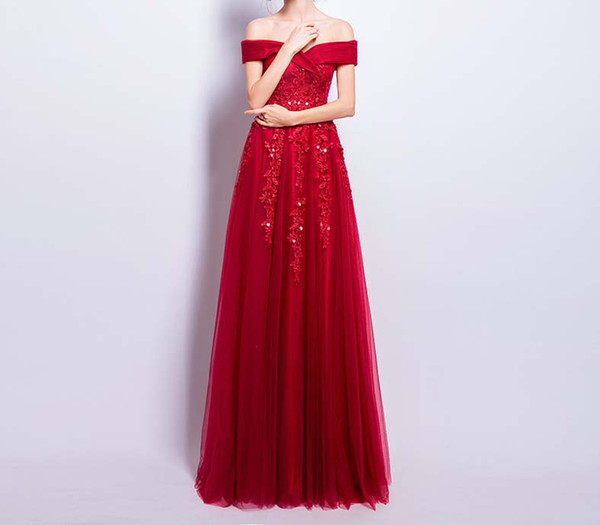 Dark Red Evening Dress Sexy Off the Shoulder Lace-up Back Floor Length Applique with Sequins Beads Prom Dress