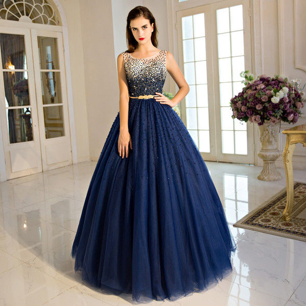 Navy Blue Evening Dress Luxury Ball Gown Prom Gowns with Sparkling Sequins Beads Detachable Sash Red Carpet Dress Lace-up Back Soft Tulle