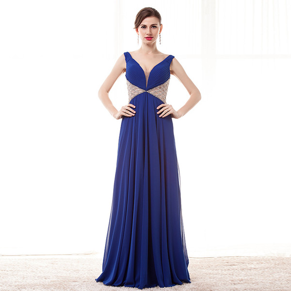 Sexy Royal Blue Evening Dresses Pleats Chiffon Long Prom Dresses Illusion Sheer with Beading Long Formal Dresses New Arrival