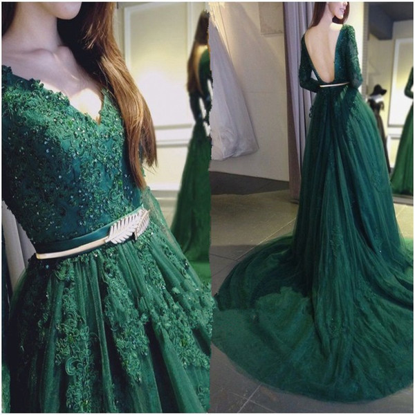 Charming Dark Green Evening Dresses Pleats Tulle Lace Prom Dress Layers Tulle with Lace Applique vestidos festa Evening Wear Gold Sash