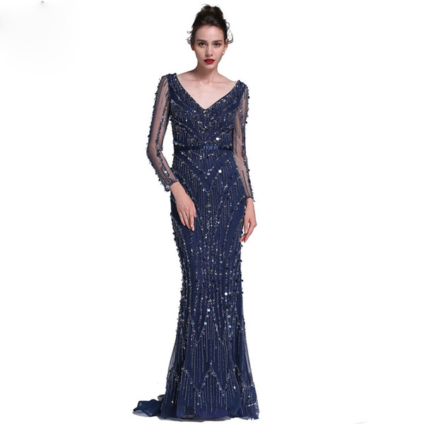 Dark Navy,Blush Mermaid Evening Dresses Sparkling Beads Sequins Sweep Train Top Quality Pagenat Gowns Runway Dress