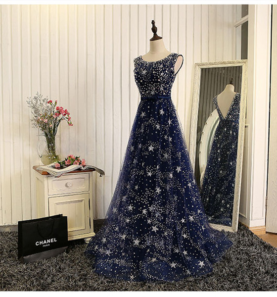 Eye Catching Evening Gowns Scoop Sleeveless Open Back Sweep Train Stars Shape Bling Bling Beading Long Prom Dresses Real Pictures 2017