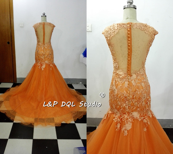 Real Pictures Orange Evening Dress Mermaid Long Prom Dresses Illusion Back Zipper with Buttons Court Train Soft Tulle with Floral Lace