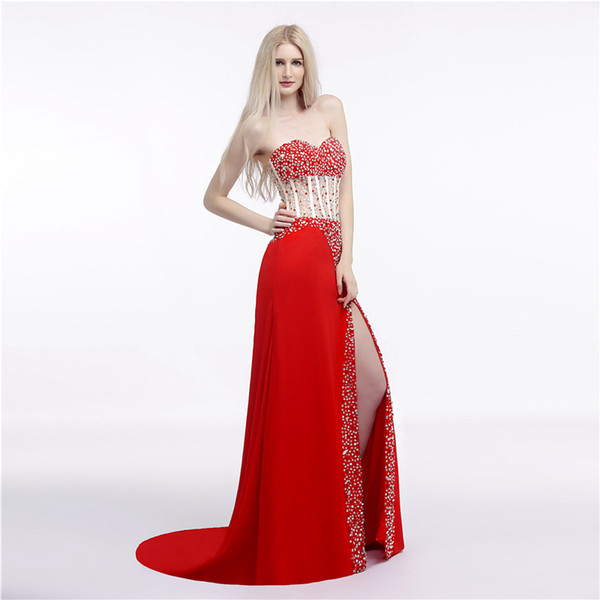 Sexy Red Evening Dress Side Split Illusion Wiastline with Beads Sequins Sweep Train Chiffon Prom Dresses Red Carpet Dresses