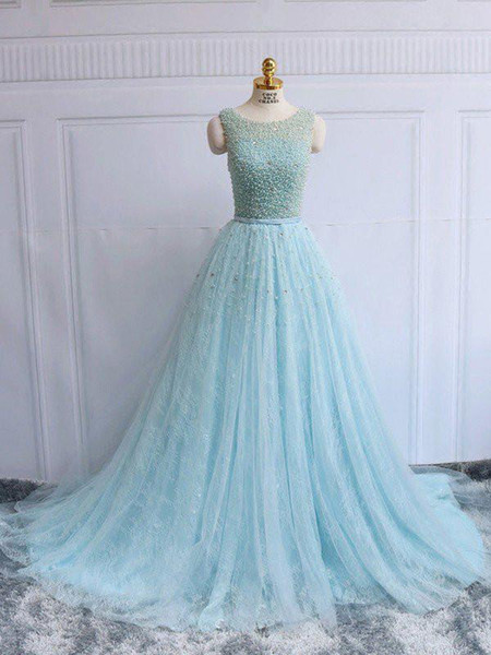 Stunning Evening Dresses Scoop Pleats Tulle Lace Court train prom Dresses Evening Wear Top Quality lace UP Back Red Carpet Dress