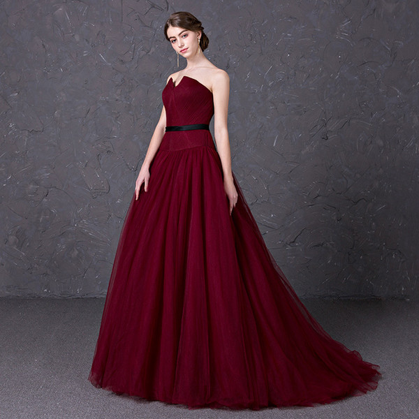 2017 Gorgeous Burgundy Evening Dresses Soft tulle Court train Layers tulle Prom Dresses Strapless Sexy Formal Gowns