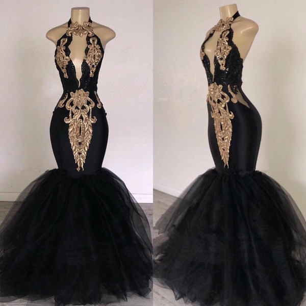 Sexy Black Halter Mermaid Long Prom Dresses Keyhole Lace Applique Beaded Floor Length Evening Party Gowns