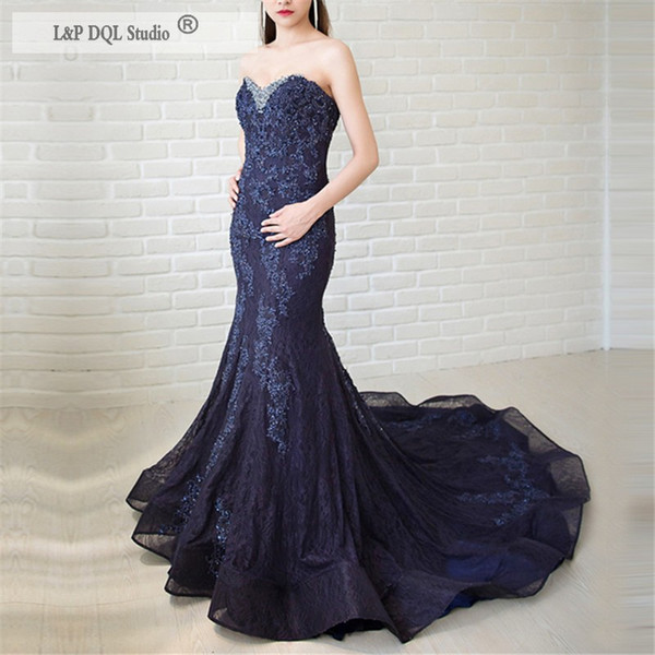 Sexy Dark Navy Evening Dresses Mermaid Long Prom Dress Sweetheart Sleeveless Applique with Shining Sequins Beads Long Pageant Gowns