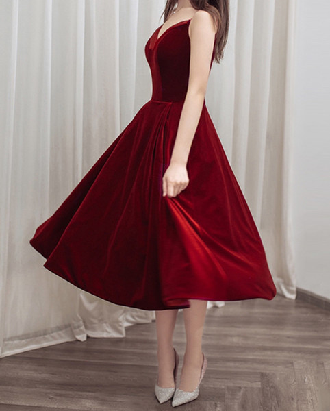 Sexy Velvet Prom Dress Dark Red Tea Length Evening Dress Spaghetti Backless New Arrival Cheap