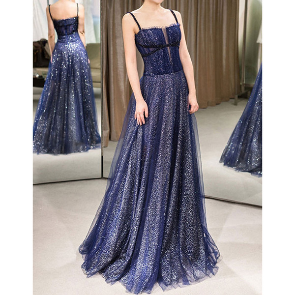 Sparkling Royal Blue Long Evening Dresses Sexy Backless Prom Dresses Backless