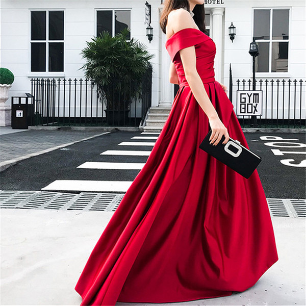 Sexy Off Shoulder Red Evening Dresses Satin Long Prom Dress Pleats Sweep Train Sexy Evening Gowns Party Wear Top Quality