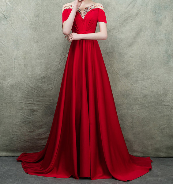 Elegant Red Long Formal Dresses Satin with Sheer Neck Shining Beads Sweep Train Evening Dress New Arrival