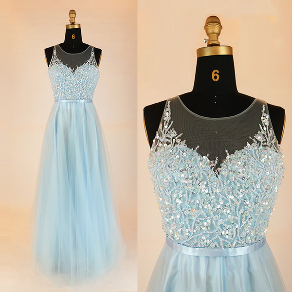 Stunning Light Sky Blue Evening Dress Long Scoop Hollow Back Floor Length Soft Tulle with Beads Sequins Prom Dress