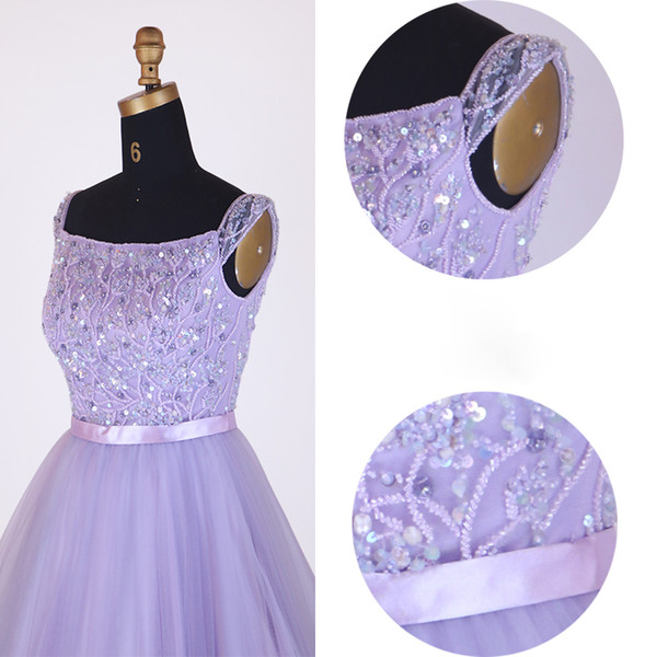 Light Purple Evening Dresses Long Prom Dress Square Sleeveless Zipper Back Pleats Tulle with Beads Sequins Long Runway Gowns