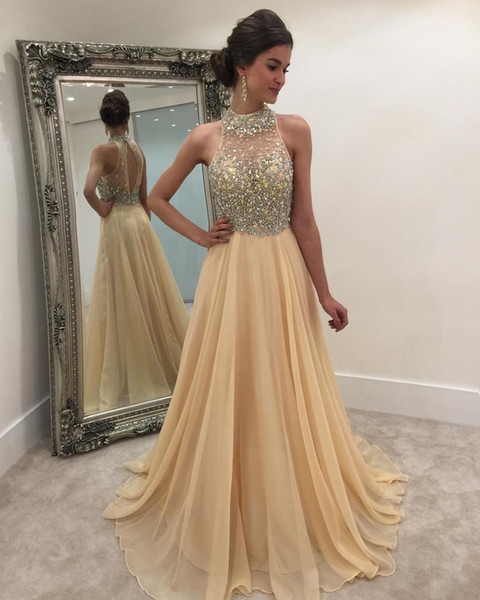 Sexy Daffodil Evening Dresses Pleats Chiffon Sweep Train Long Prom Dresses Sheer with Beading Sequins Open Back Party Dress