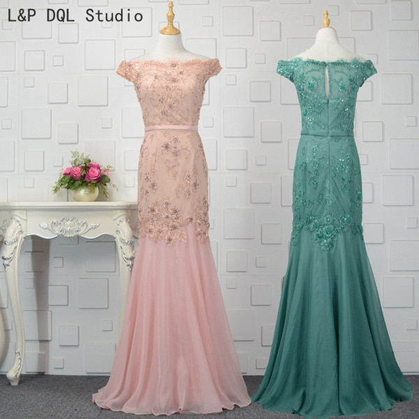 Stunning Mermaid Evening Dresses Chiffon with Lace Long Prom Gowns Strapless Zipper Back Applique with Beading Sequins