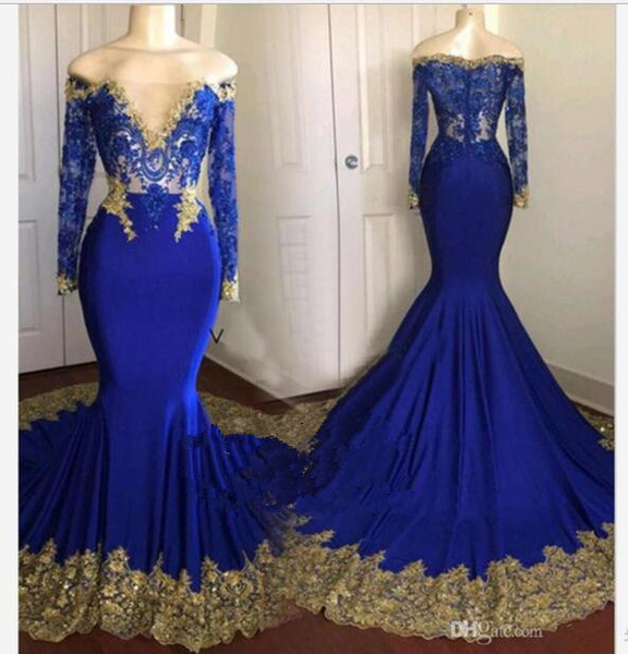 Long sleeve mermaid evening dresses off the shoulder sheer gold lace appliques blue luxury woman arabic formal evening prom gowns