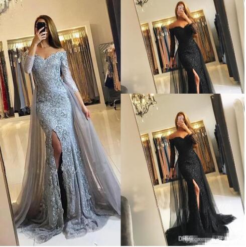 Silver Black Evening Dresses Long Sleeves Off Shoulder Overskirts Formal Arabic Dubai Mermaid Prom Gowns Split Side Party Gowns