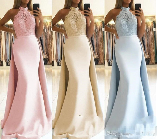 Gorgeous Mermaid Prom Evening Dresses with Detachable Skirt Halter Appliques Satin Long Party Pageant Gowns