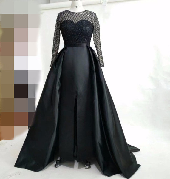 Black Long Sleeve Evening Dresses with detachable skirt sheer neck satin front split sexy arabic dresses real picture evening gowns