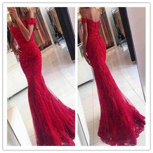 Red Prom Dresses Lace Tulle Off shoulder Mermaid Formal Dresses With Beaded Appliques evening dresses 