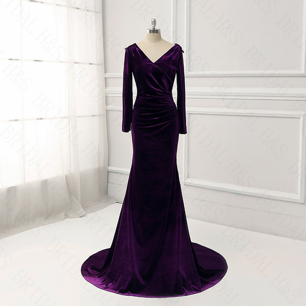 Long Sleeve evening dresses real vintage purple mermaid v neck sexy runway evening dress velvet prom dresses