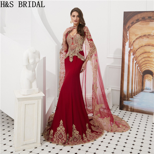 Muslim evening dresses with wrap long sleeve burgundy mermaid islamic arabic evening prom dress vestidos de fiesta evening gowns