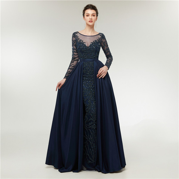 Navy blue evening gowns mermaid long sleeve luxury fashion woman formal evening prom dresses arabic gowns