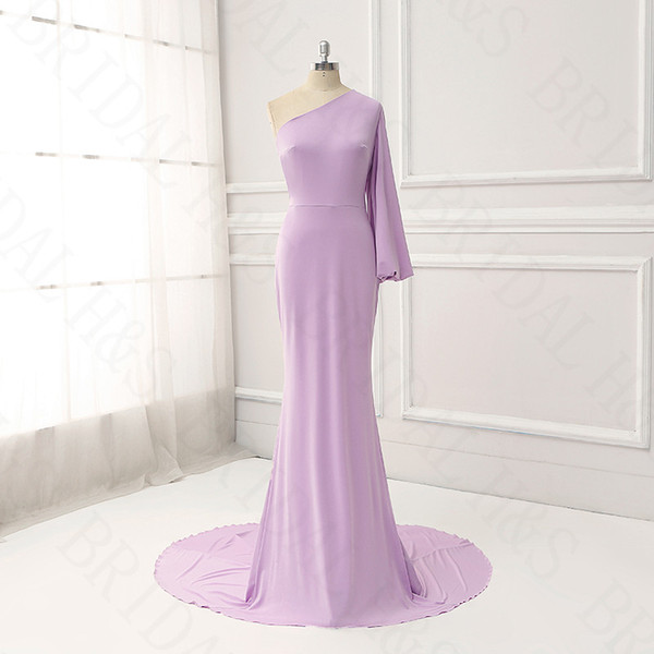 Long elegant evening dresses real Lavender one shoulder fit sexy dress evening wear long sleeve prom dress