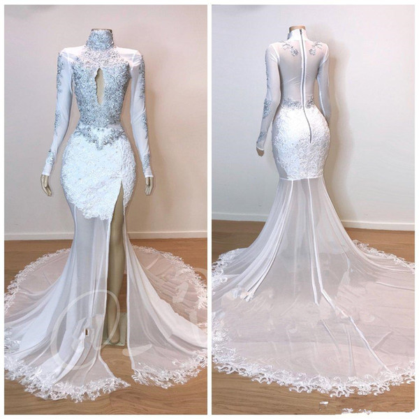 White Prom Dresses Sheer Long Sleeves Appliques Beaded Sexy High Neck Backless Split Evening Gowns Long