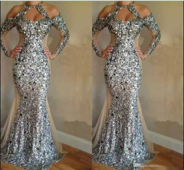 Luxurious Sequin Mermaid Evening Dresses Gorgeous Long Sleeve Halter Evening Gowns Unique Design Prom Dresses