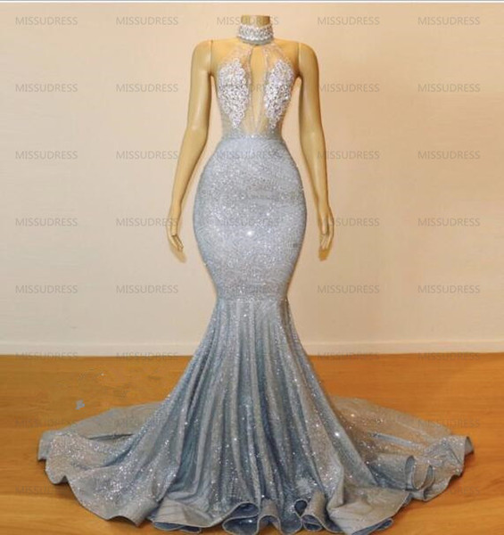 Silver Halter Arabic Evening Dress Long Luxury Sheer Appliques Beaded Women Formal Dress Abendkleider Mermaid Prom Dresses