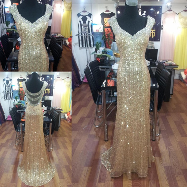 Gold Sequins Evening Dresses Beading Sheer Backless Charming Crystal Prom Dress High Quality Bling Party Gowns 2015 Real Images