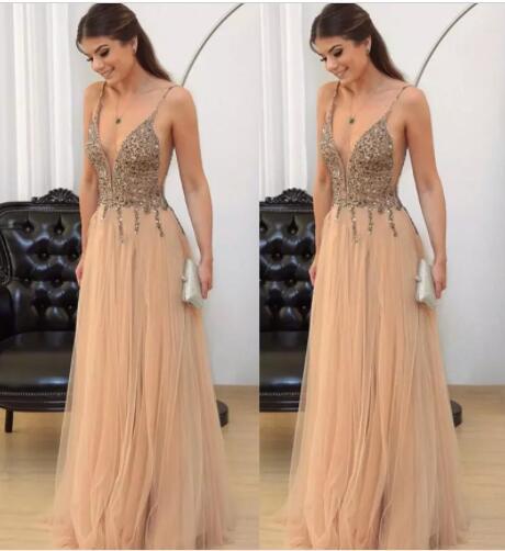 Champagne Evening Gowns Bling bling rhinestone a line tulle sexy sheer evening prom dresses custom made