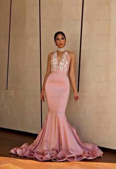 Pink mermaid evening prom dresses long v neck sexy appliques beading formal dress elegant women evening gowns