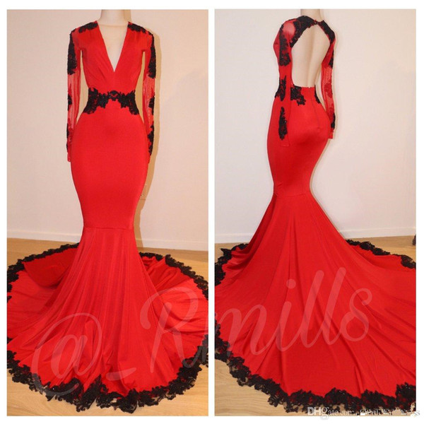 Red Mermaid Prom Dresses Lace Applique Deep V Neck Long Sleeves Evening Gowns Sweep Train Celebrity Dress