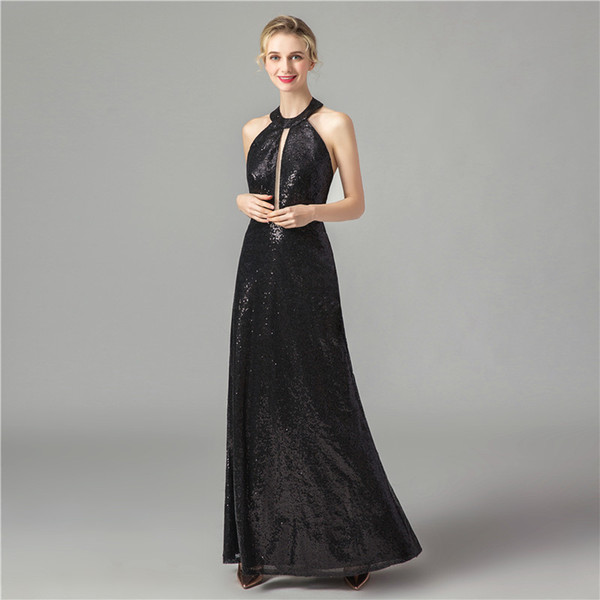 Black Sequins Cheap Midnight Evening Dress Fashion halter backless Prom Dress sexy Party prom Gown