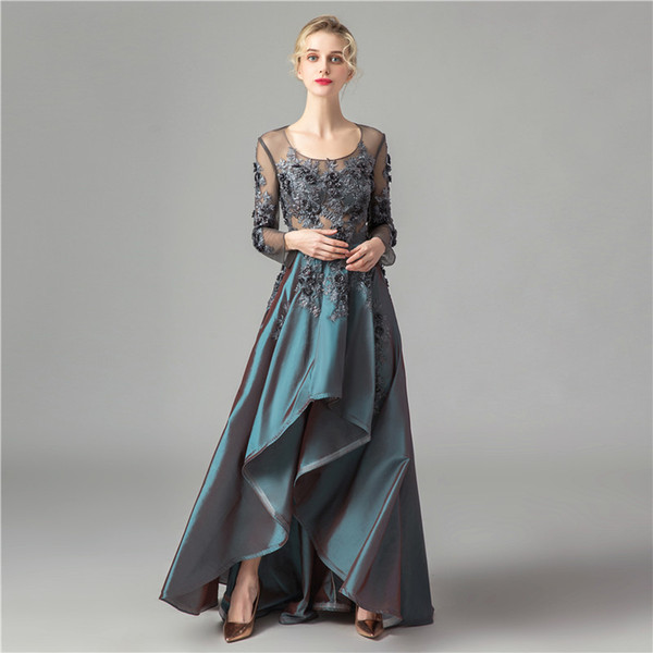 New Taffeta Elegant Evening dresses 3Dflower high low floor length Prom Dresses long sleeve Evening Dress