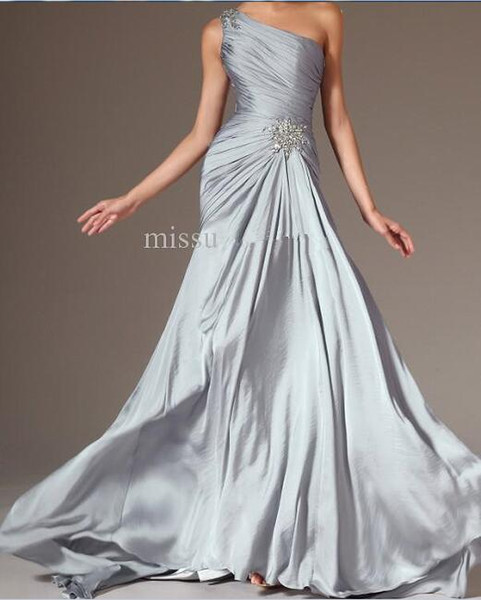 One shoulder A line Satin-chiffon Silver Long Prom gowns Ruched Sexy Evening dresses Plus size Mother of the bride dresses