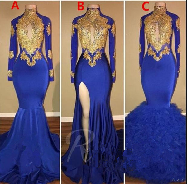 Arabic High Neck Evening dresses Gold Appliques Mermaid Vintage Long Sleeves Sexy High Split Black Girls Evening Prom Gowns