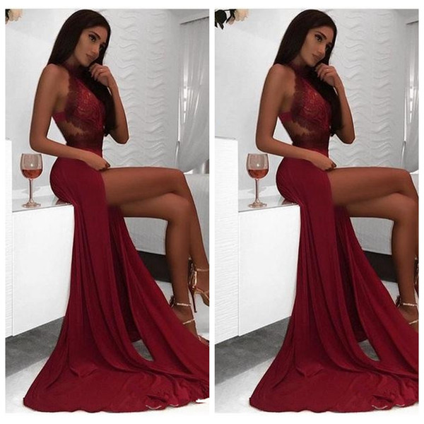 Sexy Burgundy Mermaid Prom Dresses Long Lace High Side Split Evening Gowns Chiffon Formal Party Wear Robe De Soiree