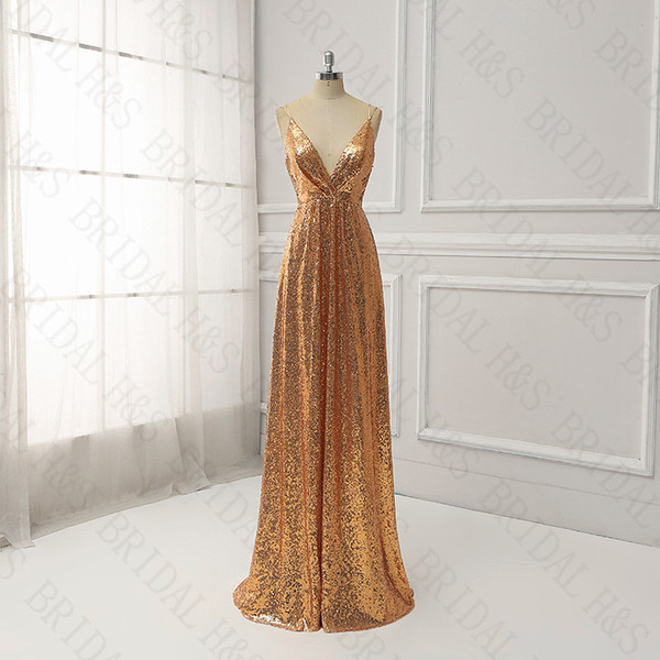 Gold sequin evening dresses long sexy cheap v neck sparkly dress evening wear spaghetti strap prom dress