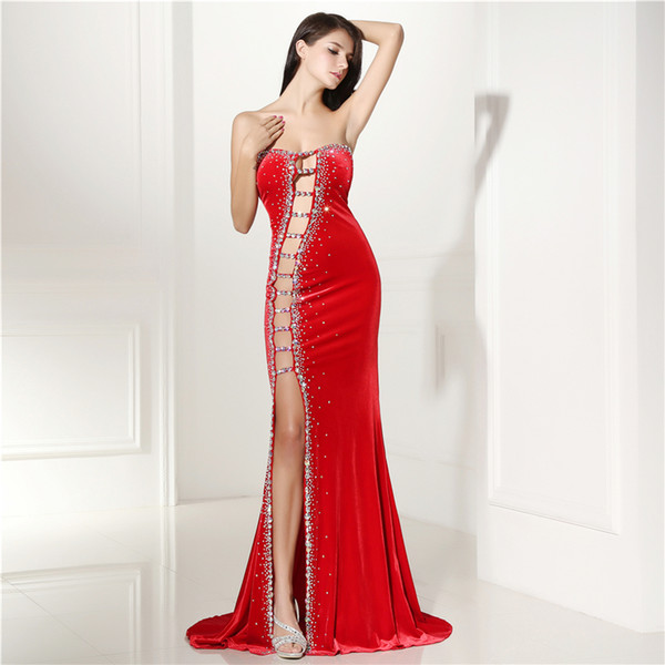 Red Sexy evening dresses velvet sheath side slit woman party evening gown long custom made elegant prom dress