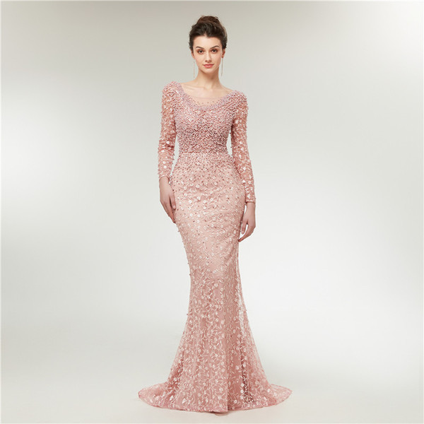 Pink lace long sleeve evening dresses elegant woman luxury beaded mermaid formal dresses evening vestidos de fiesta