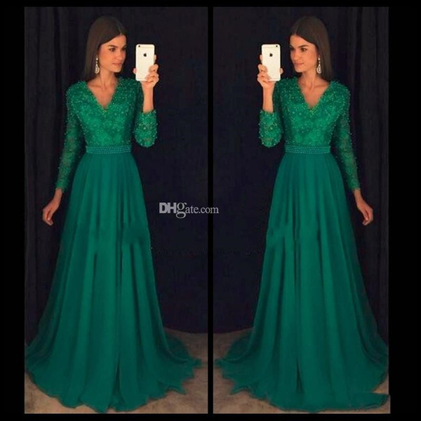 Dark Green Formal Evening Dresses V Neck Long Sleeves Chiffon A Line Prom Dresses Lace Applique Beaded Top Floor Length evening gowns