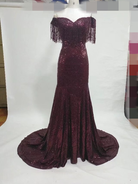 Burgundy Sequin Evening Dresses off shoulder mermaid tassel rhinestone modest evening gowns long vintage arabic dresses