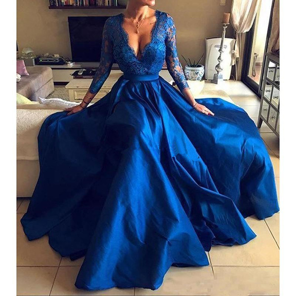 Royal Blue Side Split Evening Dresses Deep V Neck Long Sleeves Prom Gown A Line Sweep Train Satin Formal Dress