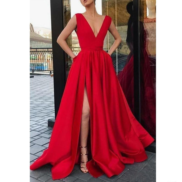 Red satin sexy Backless Prom Dresses Deep V Neck A Line Evening Gowns Floor Length Formal Party Dress Cheap