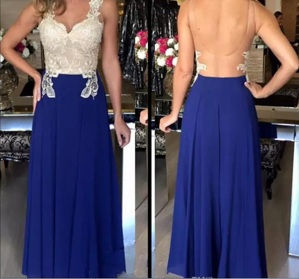 Royal Blue Long Evening Dresses Sheer Sleeveless White Lace Appliqued Evening Dress Sheath Backless Formal Party Gowns